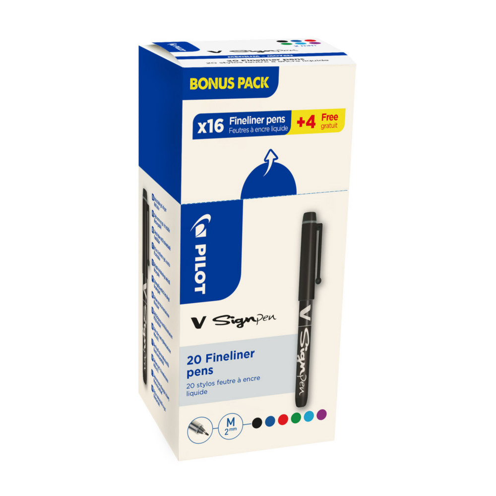 Pilot V-Sign Pen Stylo feutre  capuchon pointe moyenne 2 mm - Couleurs assorties - Lot de 16 + 4 OFFERTS