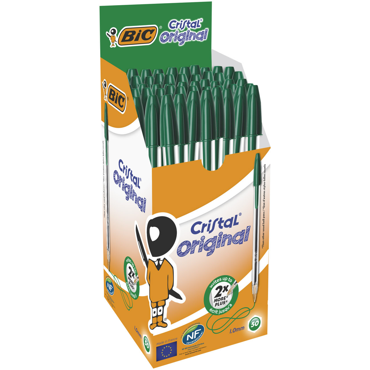 BIC Cristal Original Stylo bille à capuchon - pointe moyenne 1 mm - Vertt - Boite de 50