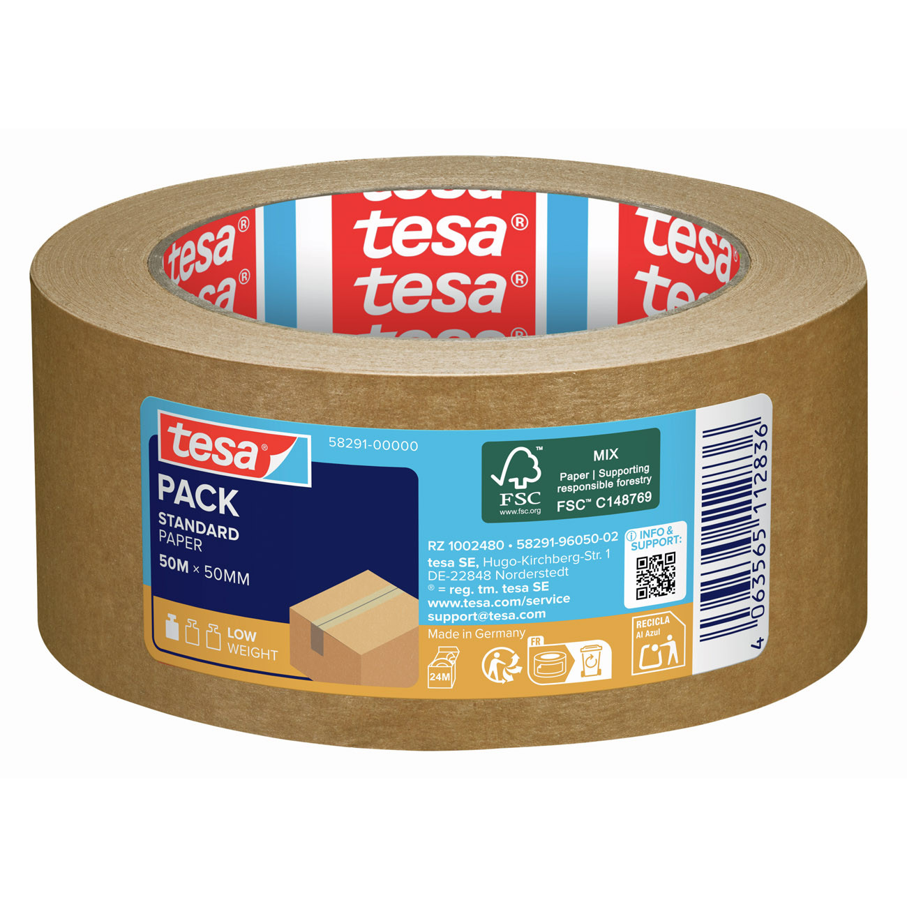 Tesa Ruban adhésif en papier kraft tesapck paper standard - 50 mm x 50 m - Brun