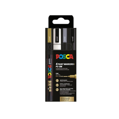Uni Marqueur peinture Posca PC-3M pointe conique fine - Pochette de 4 - Assortis Festifs