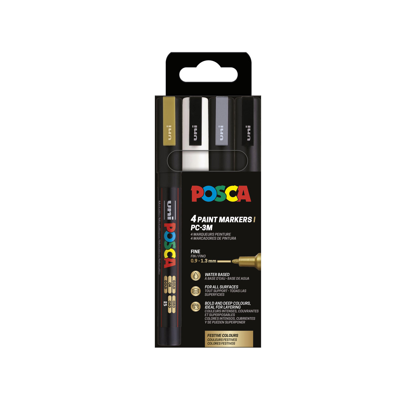 Uni Marqueur peinture Posca PC-3M pointe conique fine - Pochette de 4 - Assortis Festifs