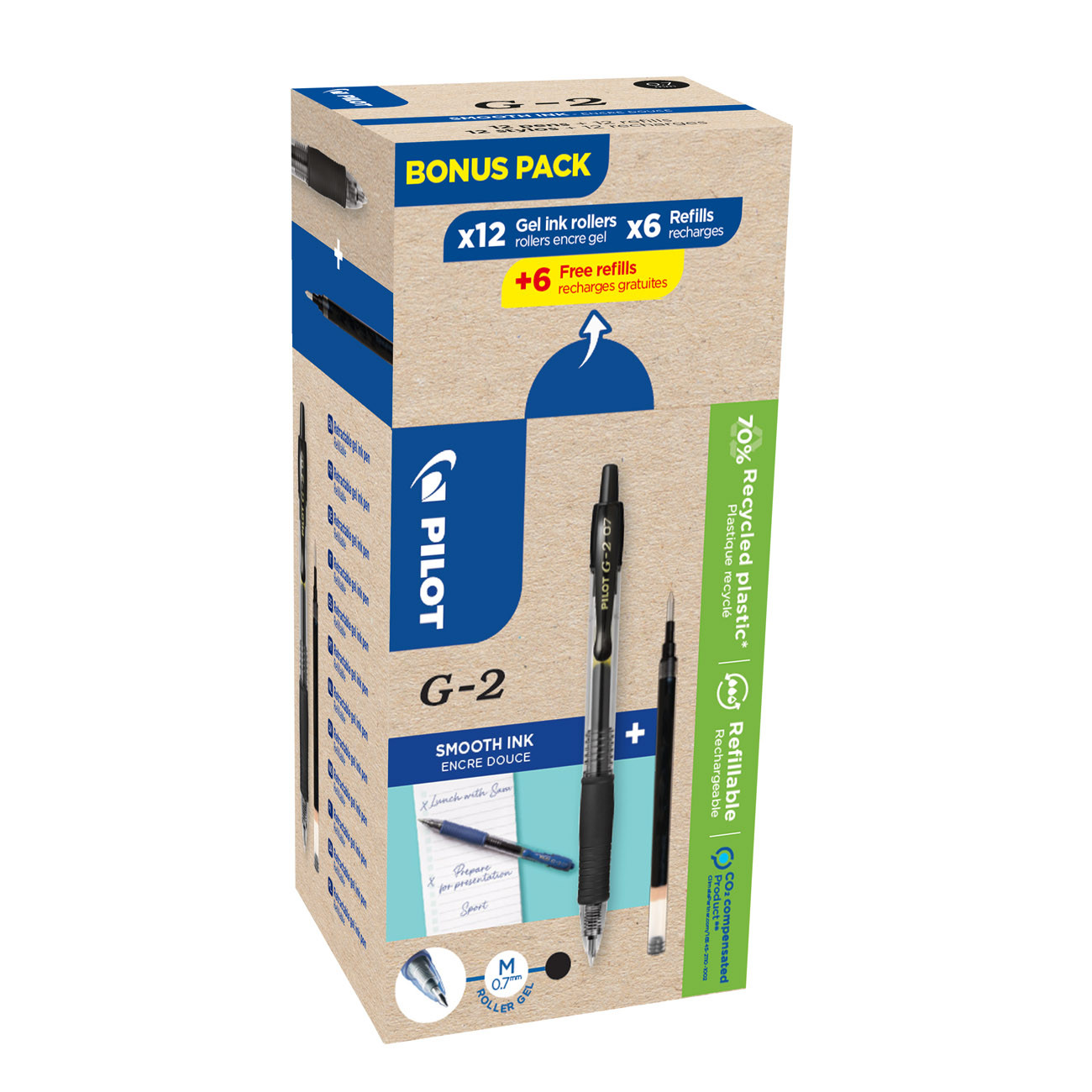 Pilot Eco Pack G2-07, stylo encre gel rétractable, pointe moyenne 0,7 mm, corps noir transparent avec zone de préhension, encre noire, 12 stylos + 12 