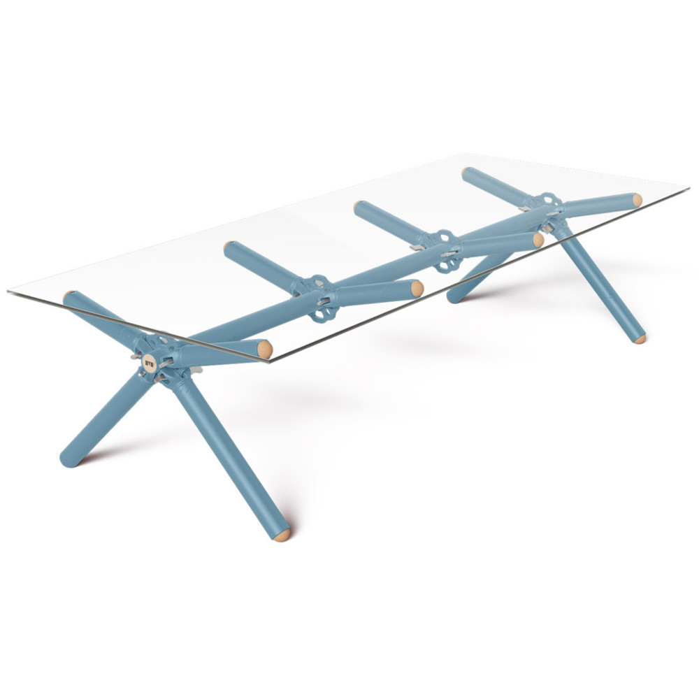 Table basse Xylan 8 personnes L. 200 x l. 80 x H. 50 cm - Plateau en verre - Structure et pieds bleu