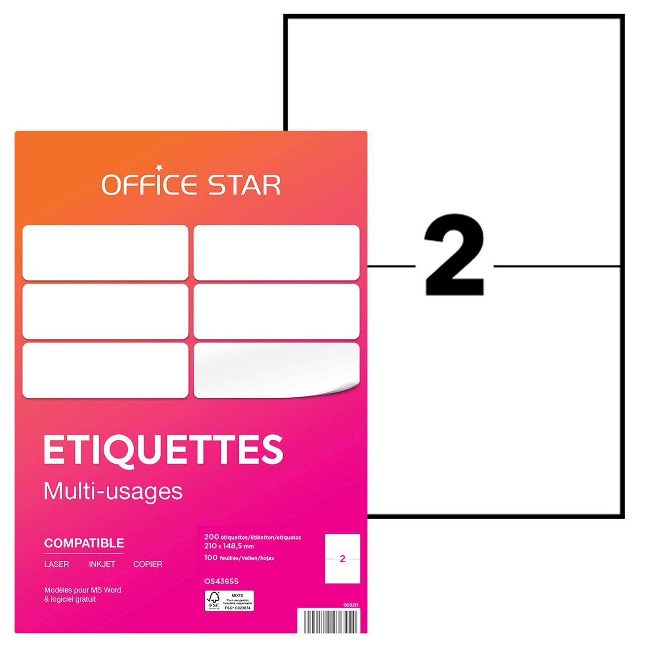 OFFICE STAR OS43655 Etiquettes multi-usages blanches 210 x 148,5 mm - Boîte de 200