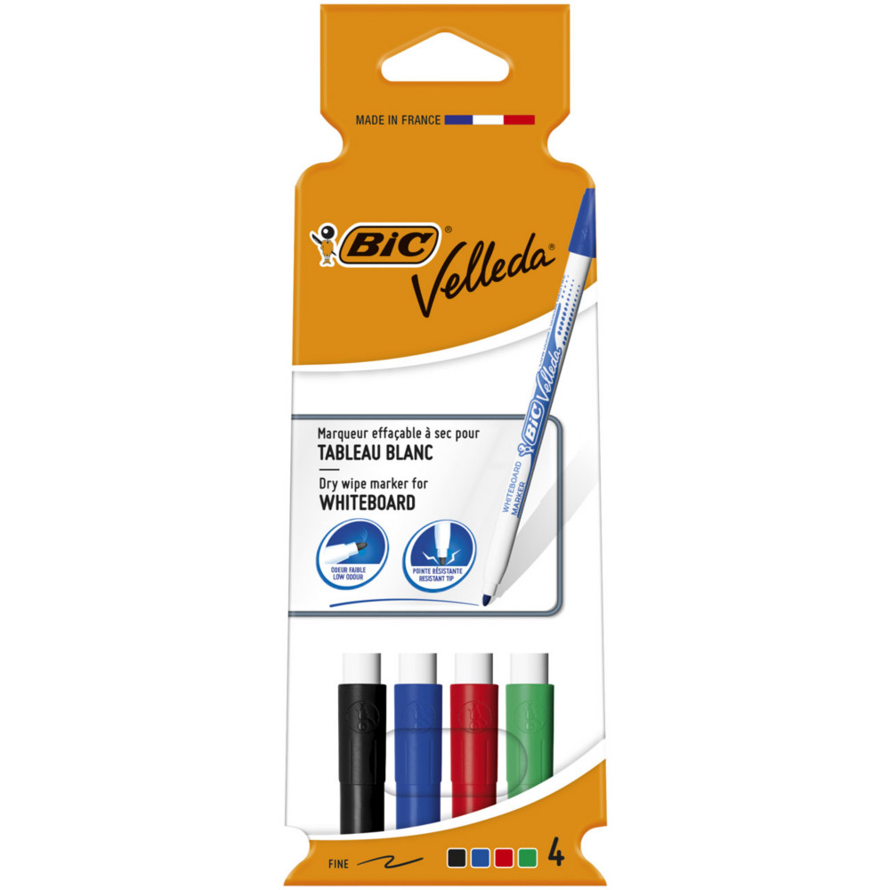 BIC Velleda 1721 Feutres pour Tableau Blanc Effaables  Sec Pointe Conique Fine 1,5 mm - Marqueurs couleurs assorties : Noir, rouge, bleu, vert - Pochette de 4