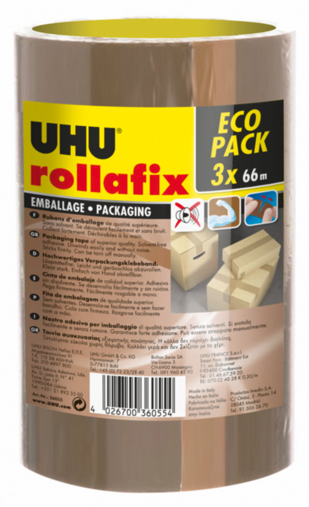 UHU Rollafix Ruban adhsif d'emballage en polypropylne silencieux 46 microns 50 mm x 66 m - Havane  - lot de 3