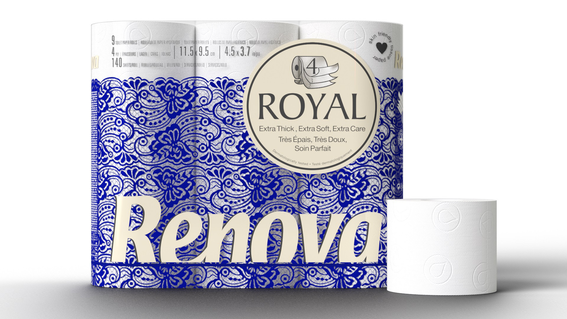 Renova Papier toilette en rouleaux standard Royal quadruple épaisseur - Rouleau de 140 feuilles - Blanc - Lot de 9 rouleaux