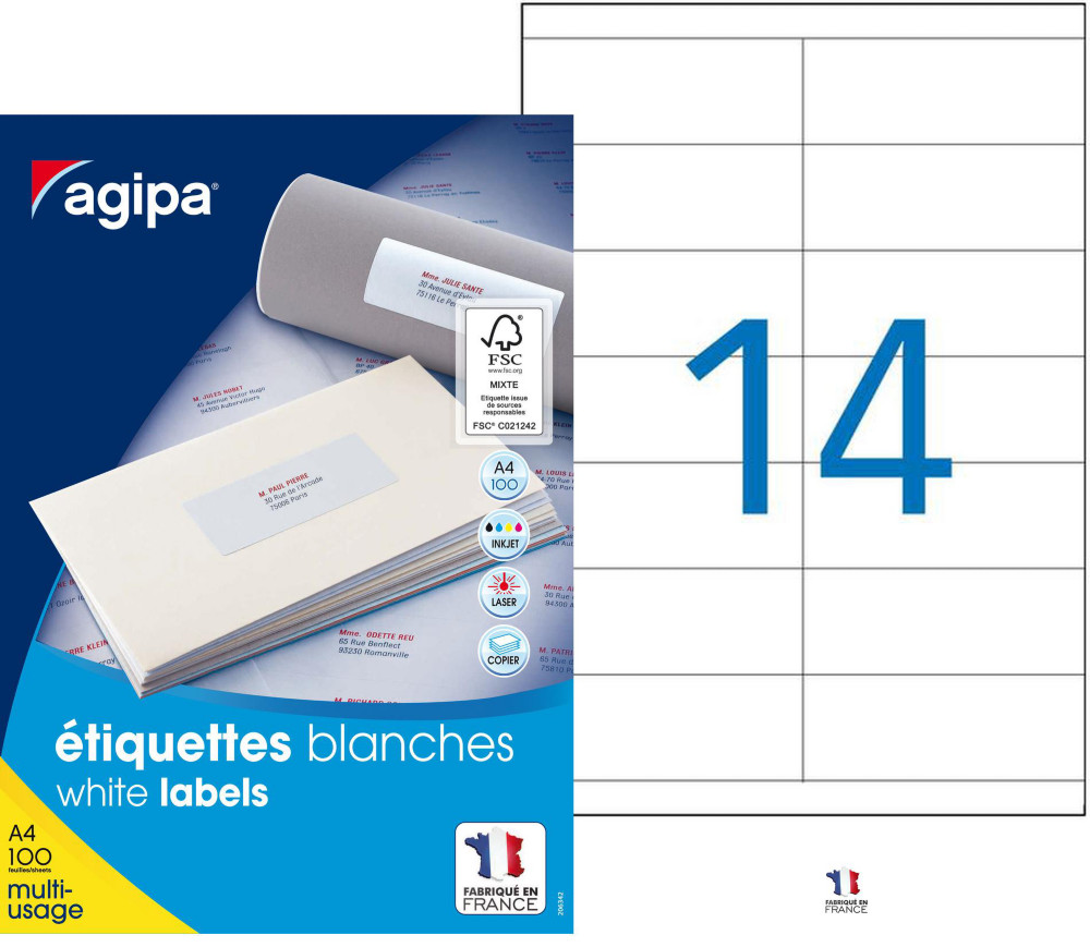AGIPA 119002 Etiquettes blanches multi-usage 105 x 39 mm - Bote de 1400