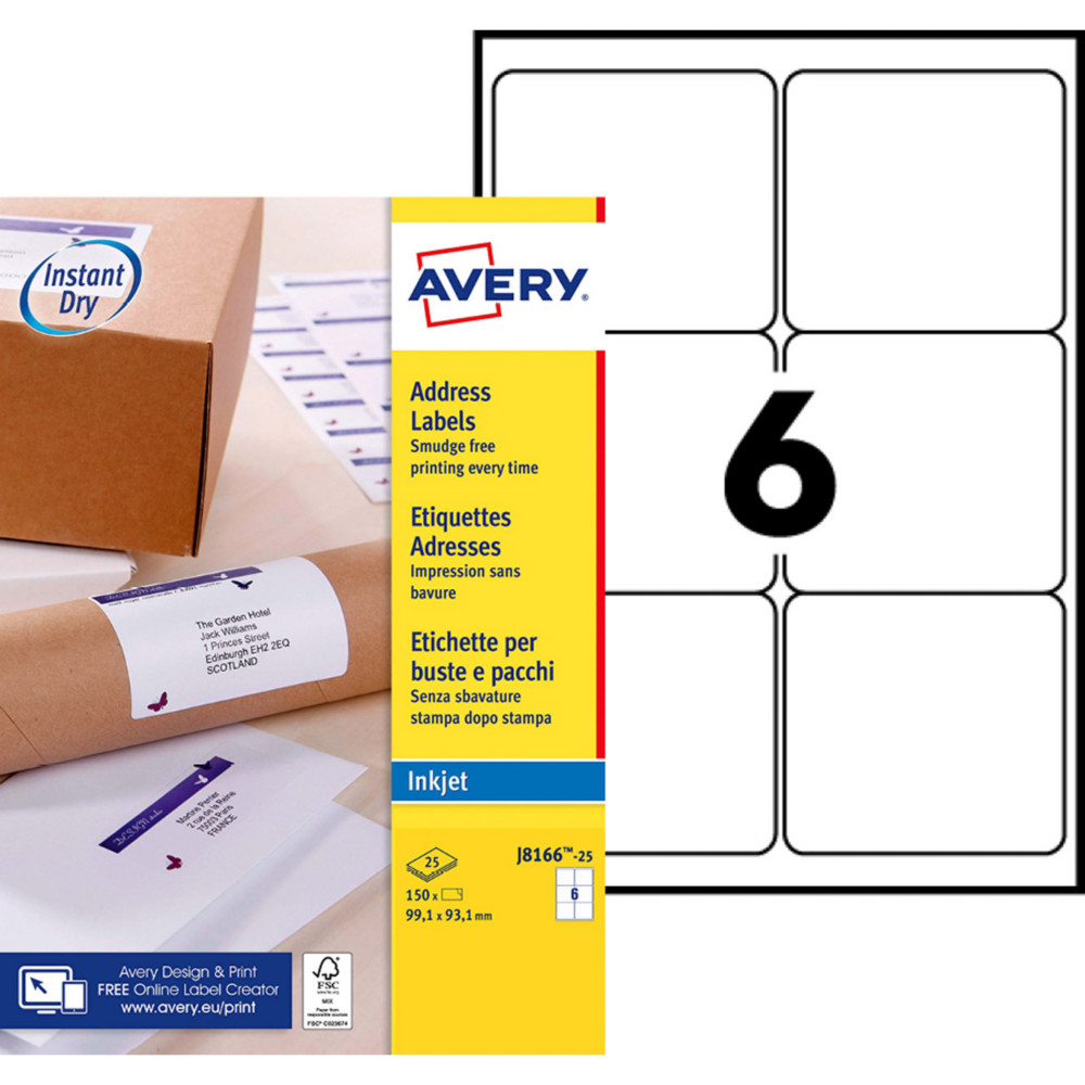 Avery J8166 Etiquettes d'expdition blanches jet d'encre 99,1 x 93,1 mm - Bote de 150