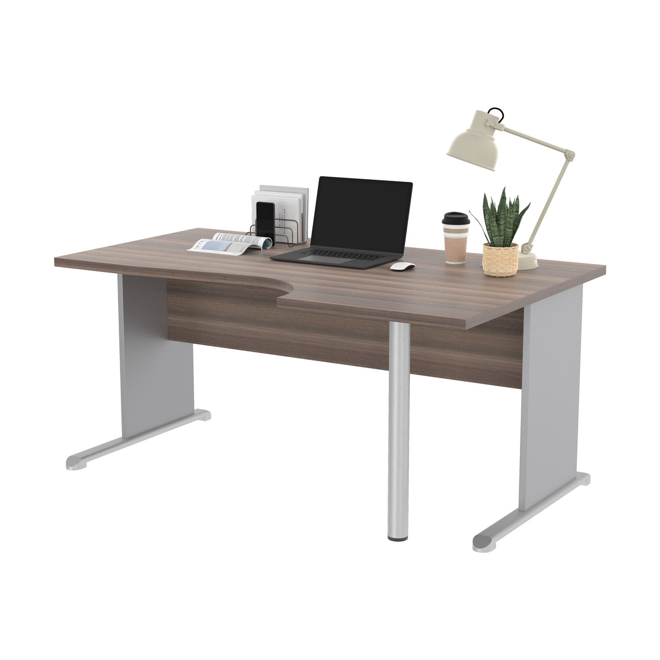 Bureau d'angle compact retour à droite Pronto Bois - L.160 x P.100 cm - Plateau Cendre - Pieds L Aluminium