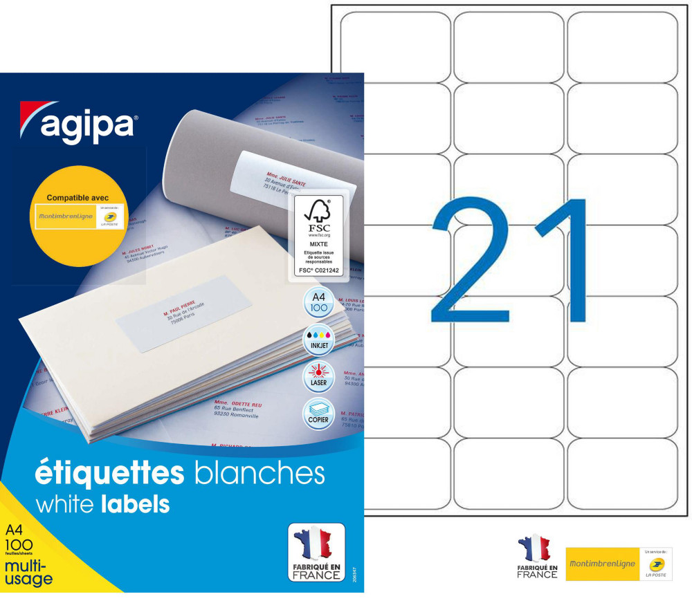 AGIPA 118984 Etiquettes blanches multi-usage 63,5 x 38,1 mm - Bote de 2100