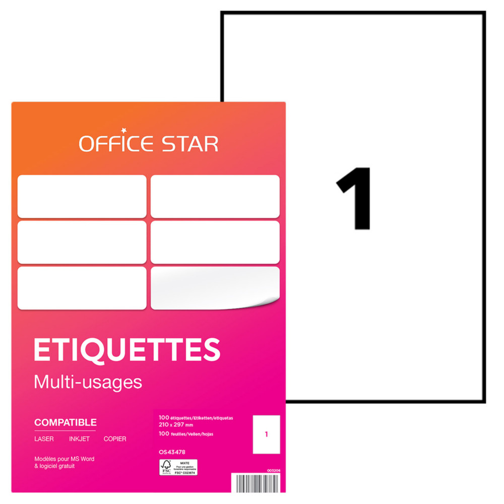 OFFICE STAR OS43478 Etiquettes multi-usages blanches 210 x 29,7 mm - Bote de 100
