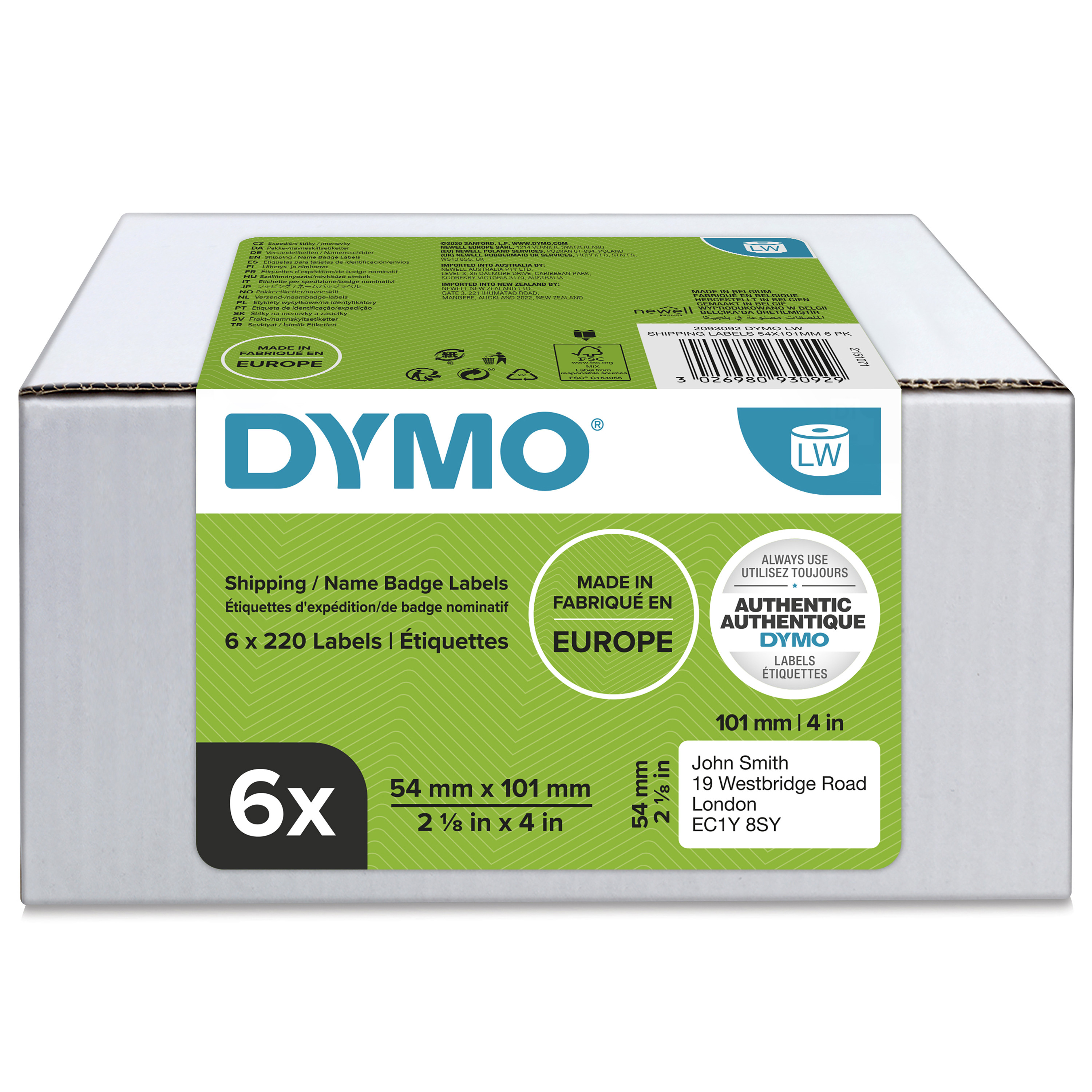 Dymo Étiquettes d'expédition blanches 2093092 LabelWriter 54 x 101 mm Boîte de 6 rouleaux de 220 étiquettes