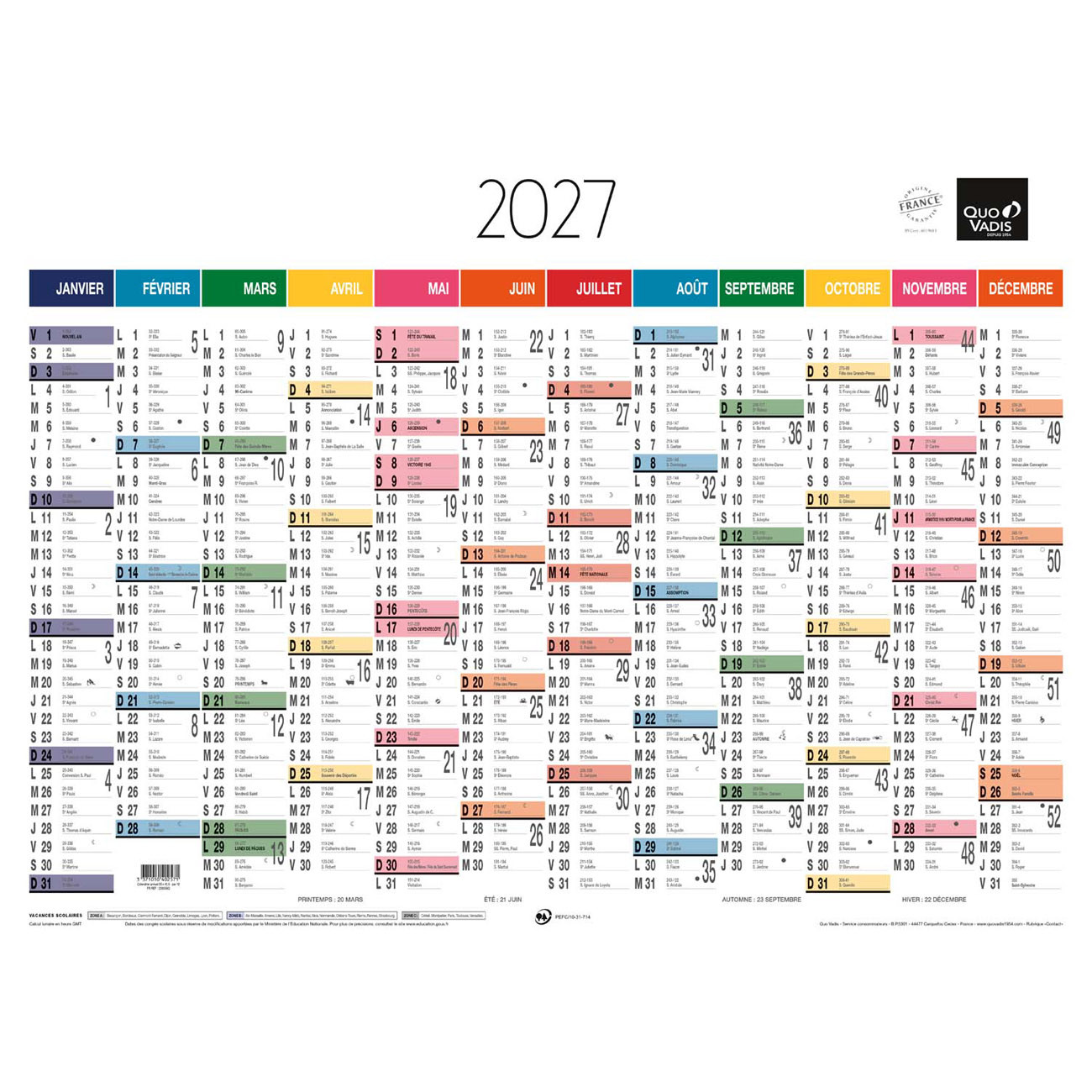 Quo Vadis Calendrier mural annuel 12 mois - Verso carte routière Europe - 55 x 40,5 cm - 2027