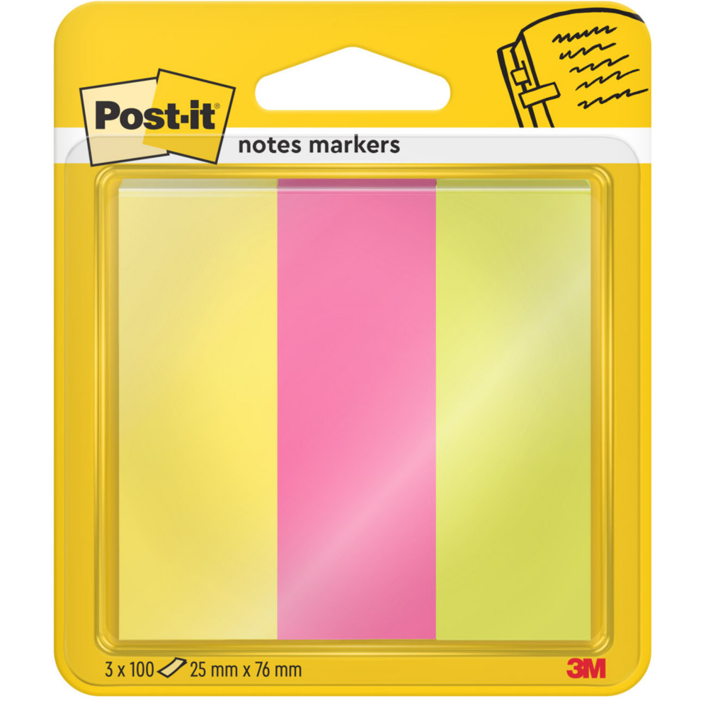 Post-it Autocollants taille moyenne 25x76mm assorties fluo couleurs 3x100 paquet 671-3