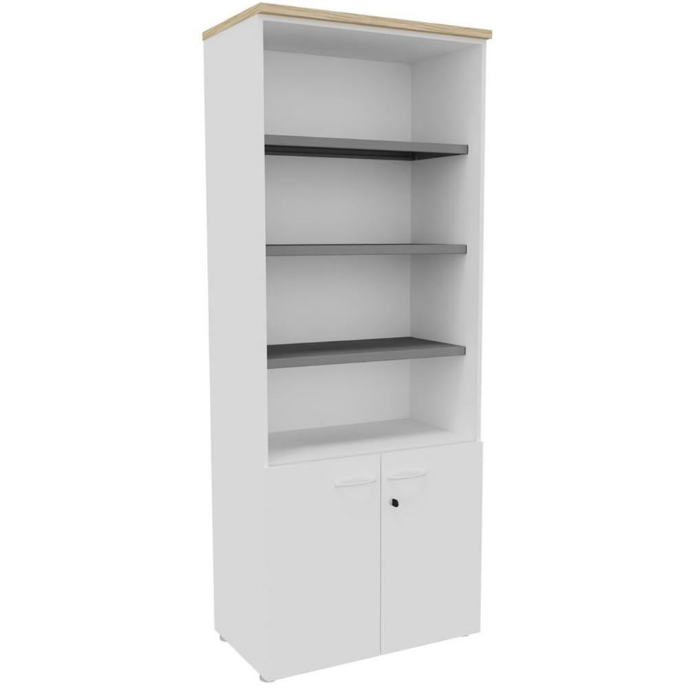 Bibliothque haute 2 portes basses L.80 x P.48 x H.201 cm - Corps Blanc - Top Chne