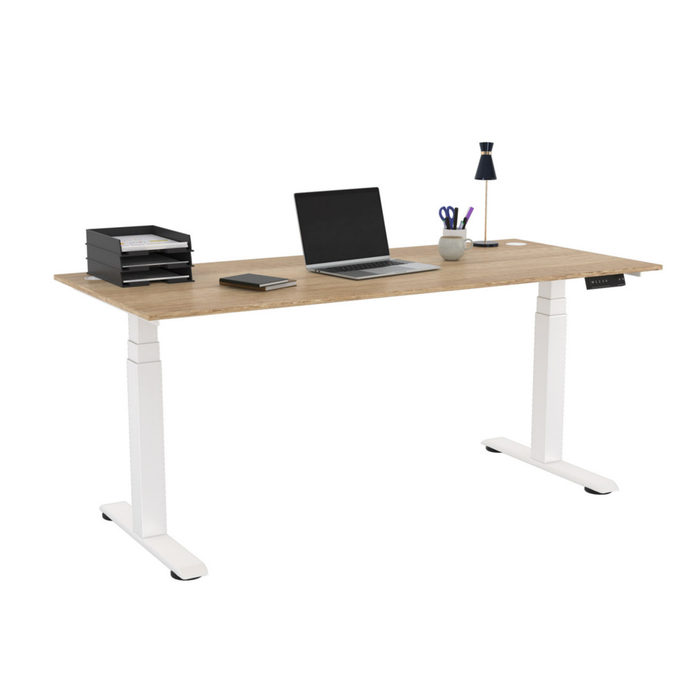 Bureau assis-debout Activ'o - Rglage lectrique en hauteur - L.180 x P.80 cm - Plateau Chne Nebraska avec obturateurs - Pieds mtal Blanc