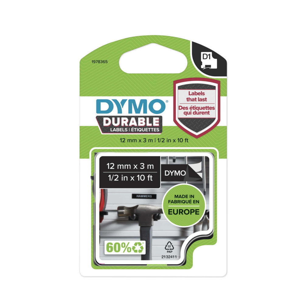 Dymo Ruban D1 durable 1978365 pour tiqueteuse - 12 mm x 3 m - Blanc sur Noir