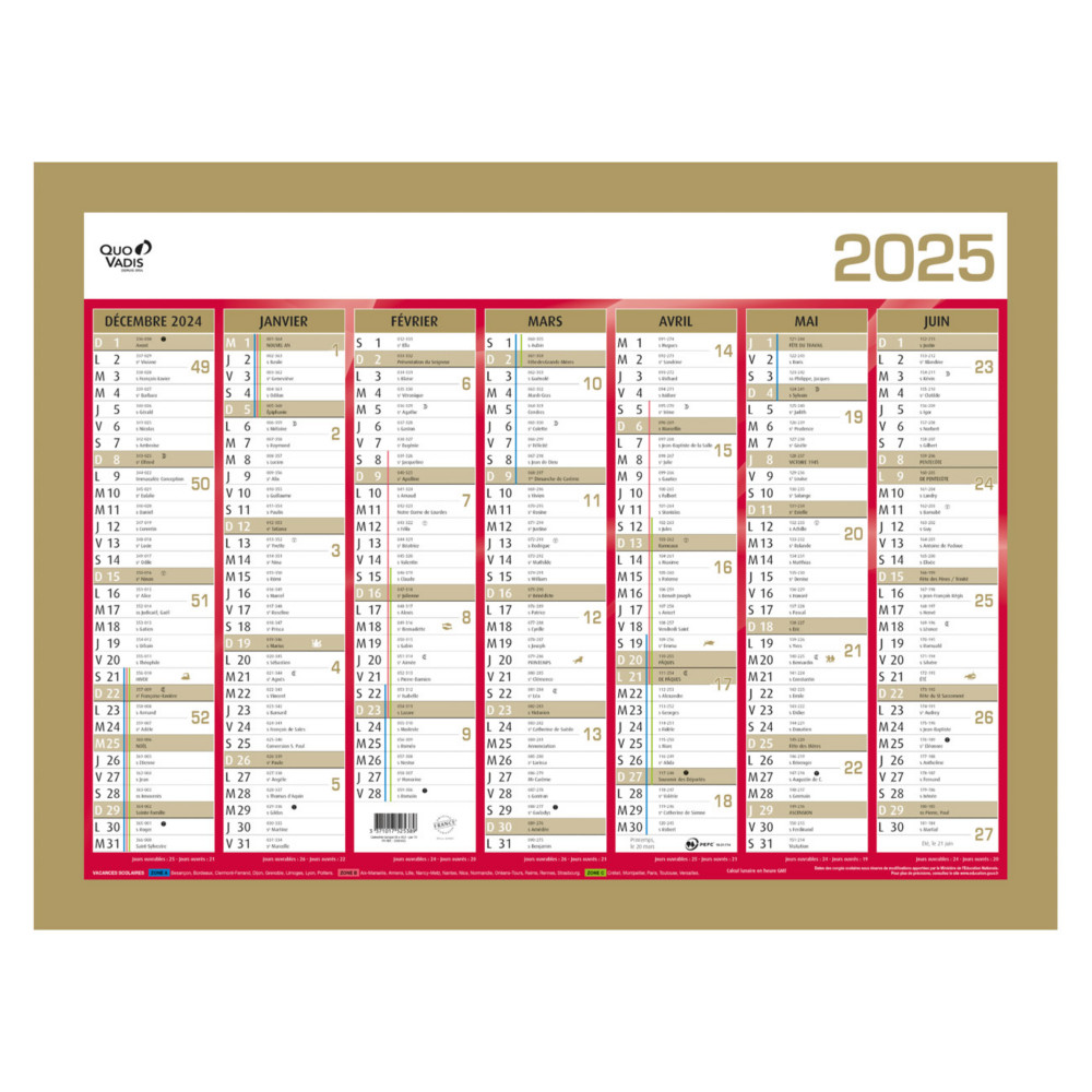 Quo Vadis Calendrier mural annuel - 55 x 40,5 cm - Or - 2026
