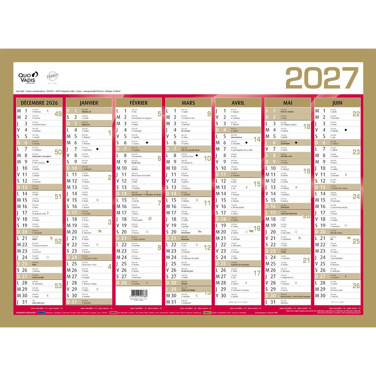 Quo Vadis Calendrier mural annuel - 55 x 40,5 cm - Or - 2027