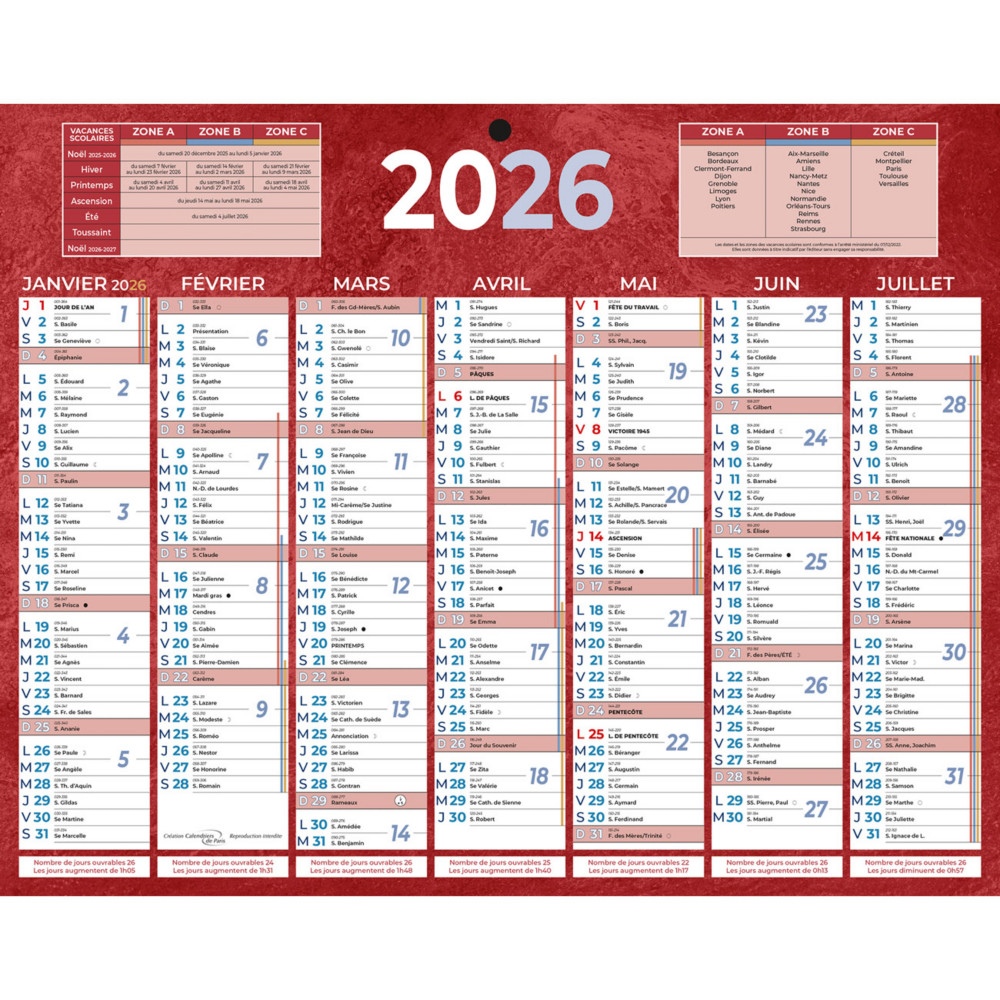 Bouchut Calendrier mural annuel (7 mois / face) - Rouge - 21 x 26,5 cm - 2026