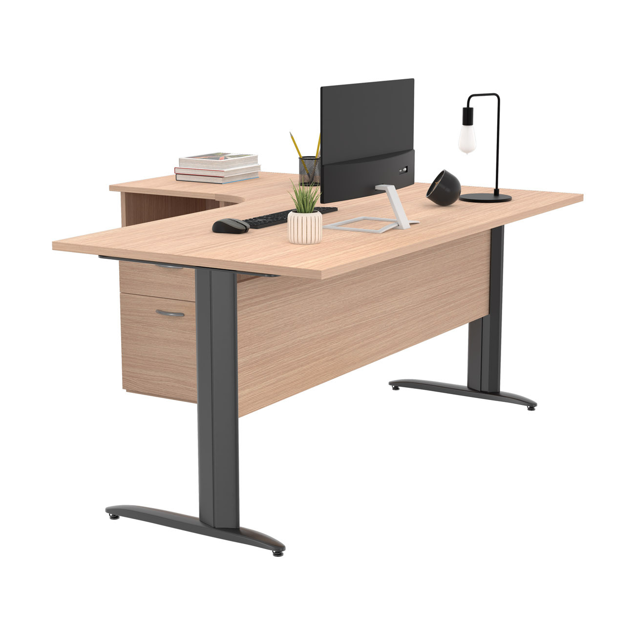 Pack Bureau d'angle compact retour à gauche Pronto Métal - L.160 x P.100 cm - Plateau Chêne - Pieds L Anthracite + Caisson hauteur bureau