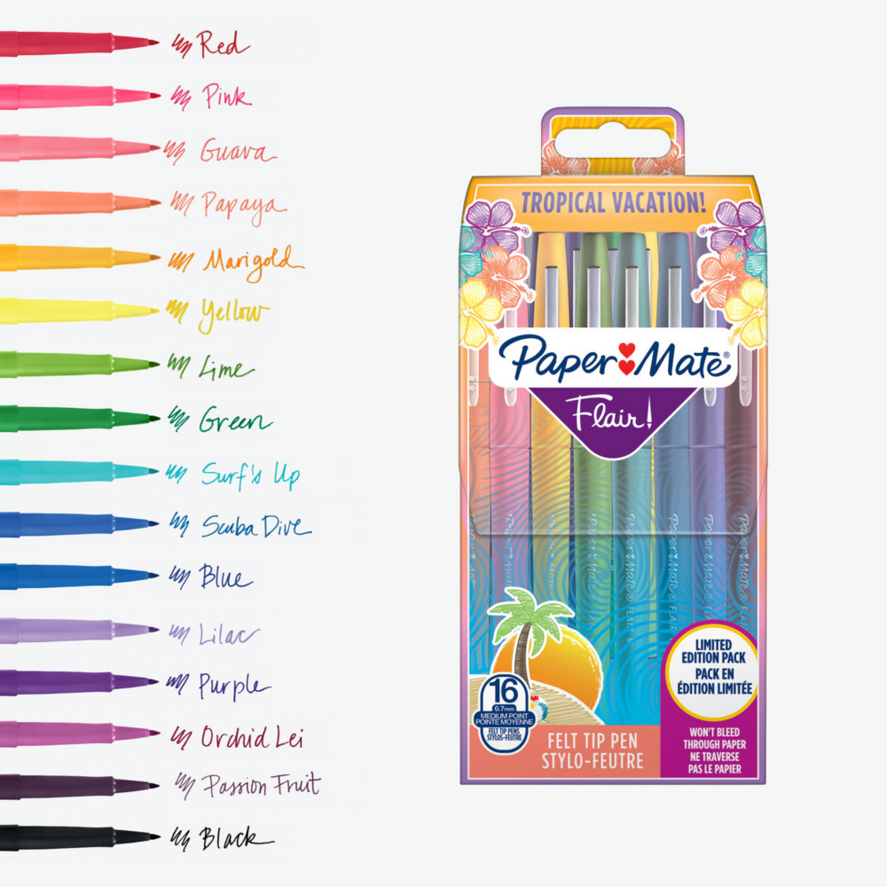 Paper Mate Flair Tropical - Stylo feutre  capuchon pointe moyenne 1 mm - Pochette 16 couleurs assorties