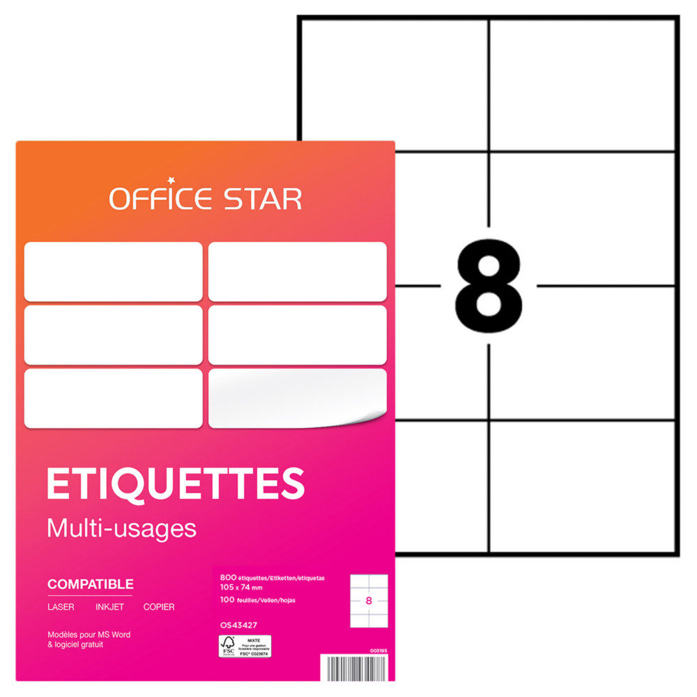 OFFICE STAR OS43427 Etiquettes multi-usages blanches 105 x 74 mm - Bote de 800
