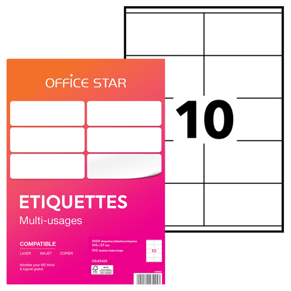 OFFICE STAR OS43425 Etiquettes multi-usages blanches 105 x 57 mm - Bote de 1000