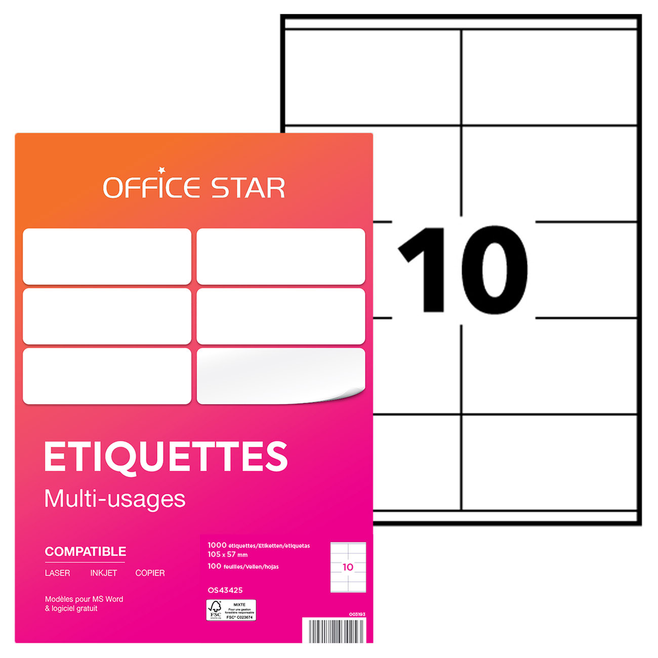 OFFICE STAR OS43425 Etiquettes multi-usages blanches 105 x 57 mm - Boîte de 1000