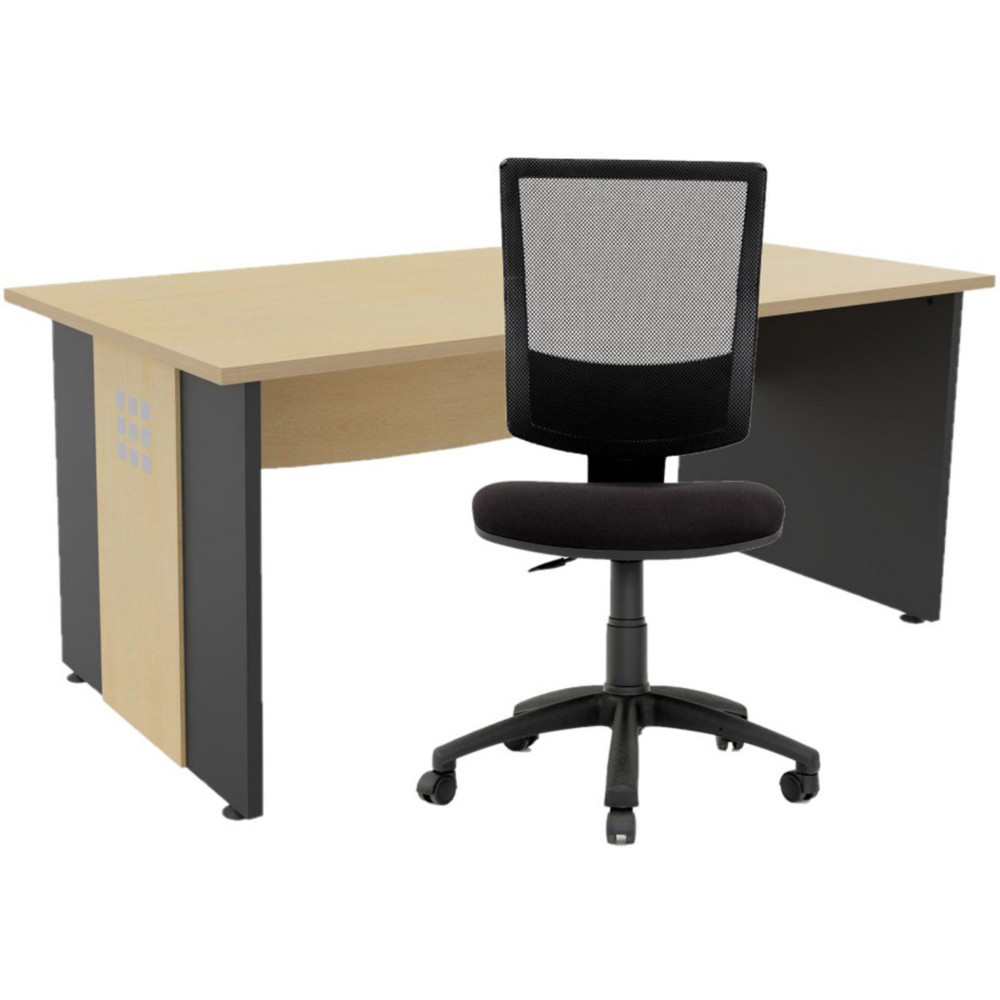 Pack bureau droit Axiome L.140 cm Plateau Htre Pieds panneaux Anthracite + Sige Jenny maille/tissu Noir