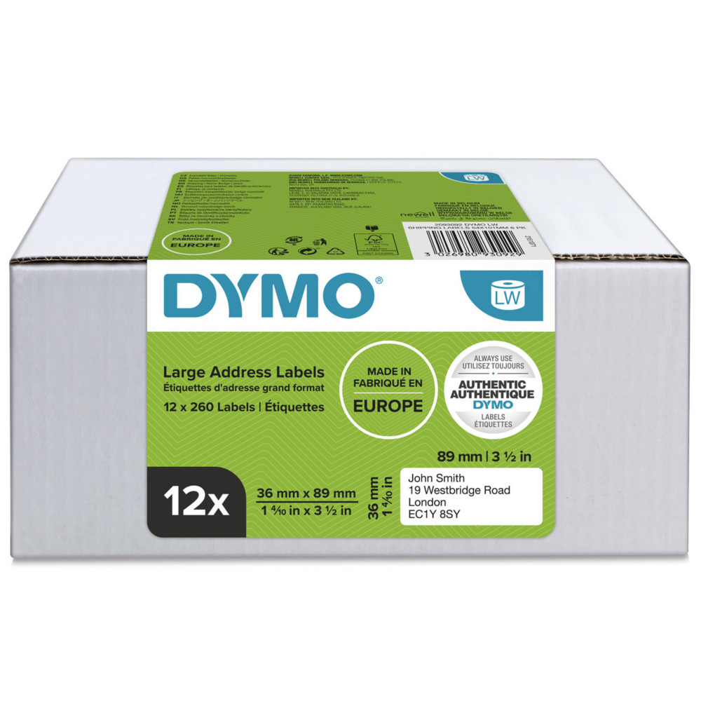 Dymo tiquettes d'adresse larges 2093093 LabelWriter - 36 x 89 mm - Bote de 12 rouleaux de 260 tiquettes