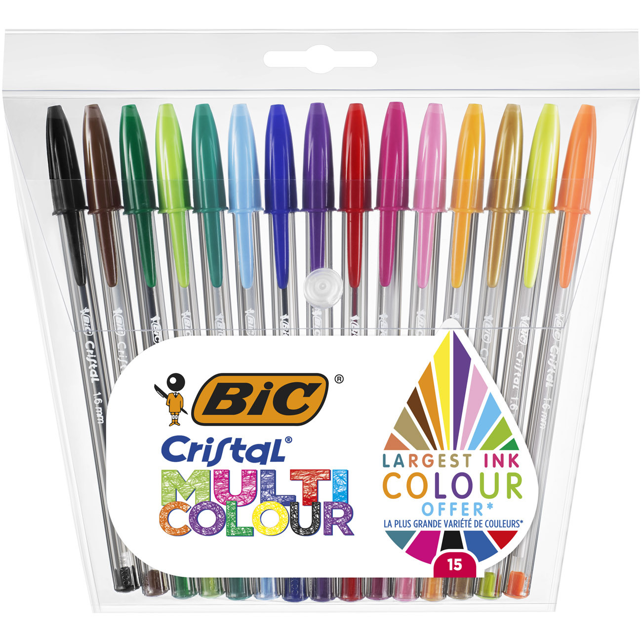 BIC Cristal Multicolour Stylo bille à capuchon pointe large 1 6 mm Pochette de 15 coloris assortis