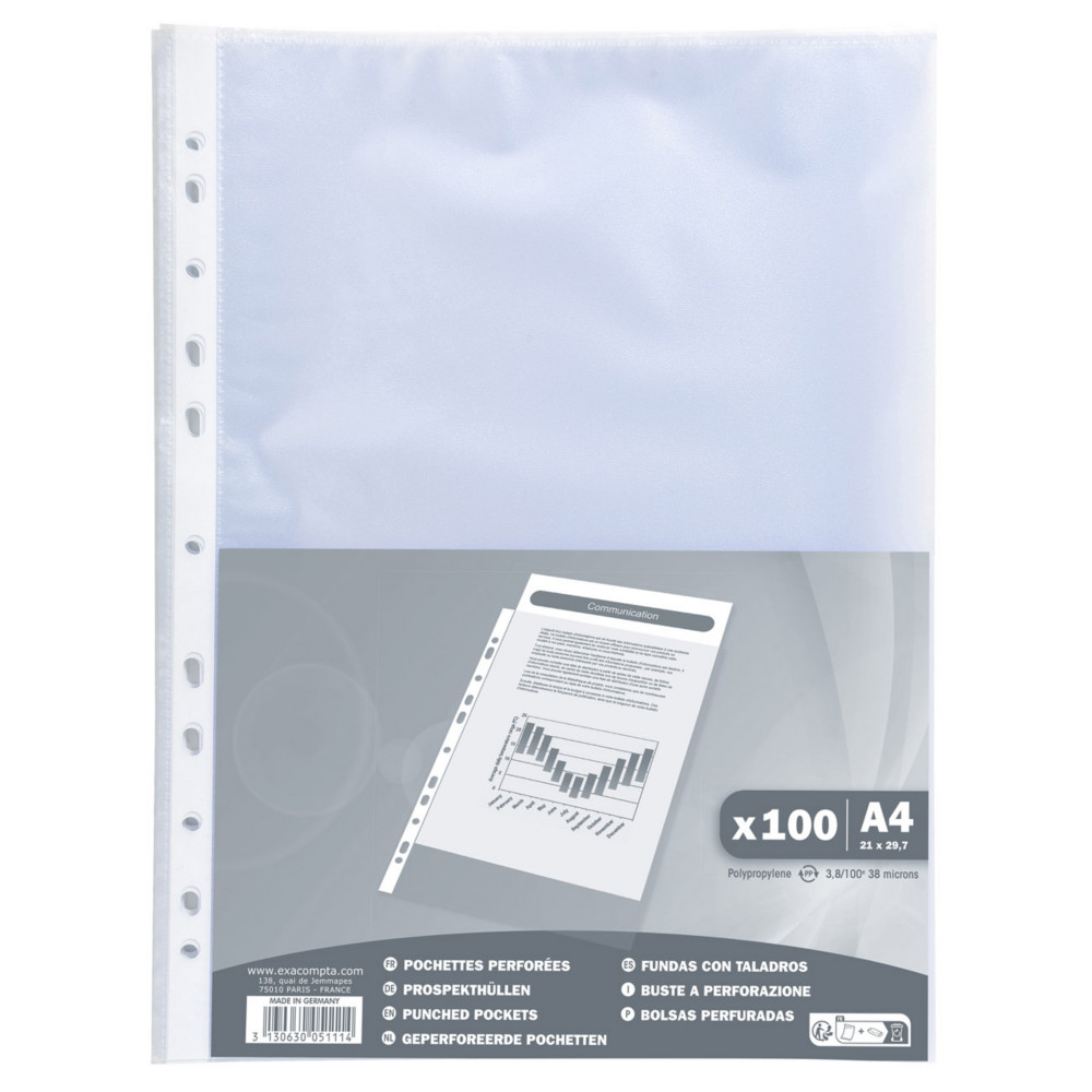 Exacompta Pochettes perfores transparentes A4 polypropylne 4/100e graines - Lot de 100