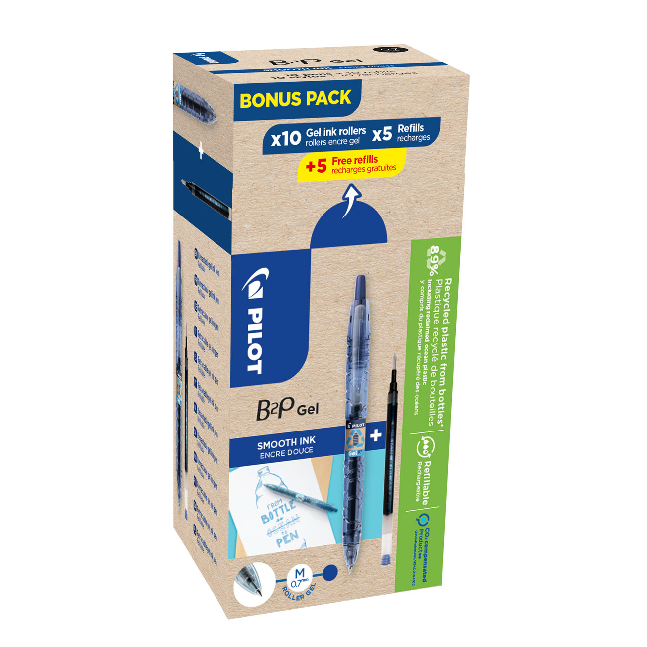 Pilot Eco Pack B2P Begreen, stylo bille rétractable, pointe moyenne 0,7 mm, corps bleu transparent avec zone de préhension, encre bleue, 10 stylos + 