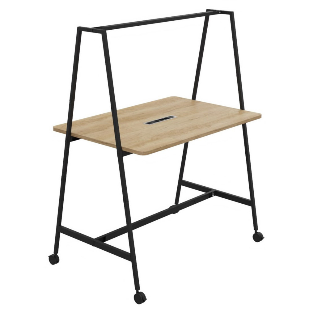 Table de coworking mobile rectangle Alto avec lectrification - H. 105 x L. 140 x P. 90 cm - Plateau Chne Nebraska - Pieds Noir