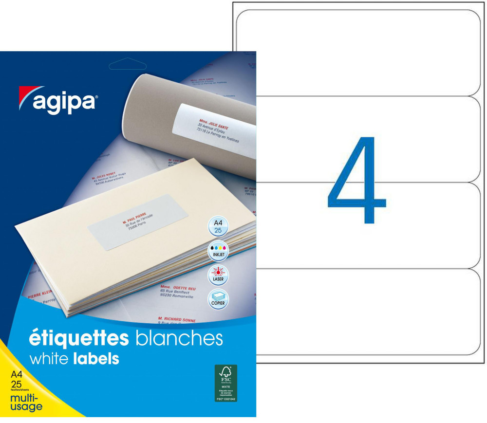AGIPA 118807 Etiquettes blanches multi-usage 190 x 60 mm - Bote de 100