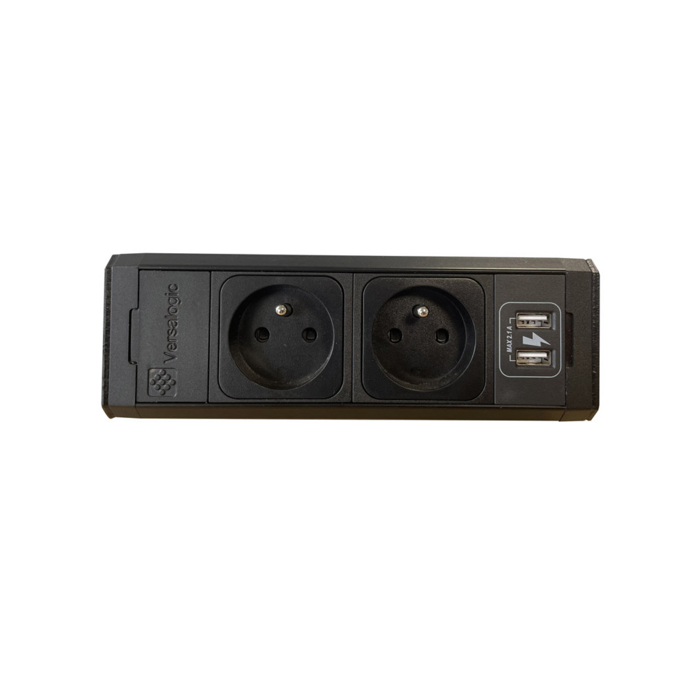 Bloc prise VersaDesk avec fixation, 2 prises lectriques + 2 ports USB, cble dalimentation 3m - Noir