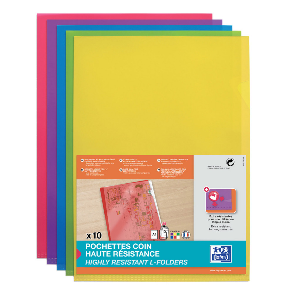 Oxford Pochettes-coin haute rsistance A4 PVC lisse couleurs assorties - Lot de 10