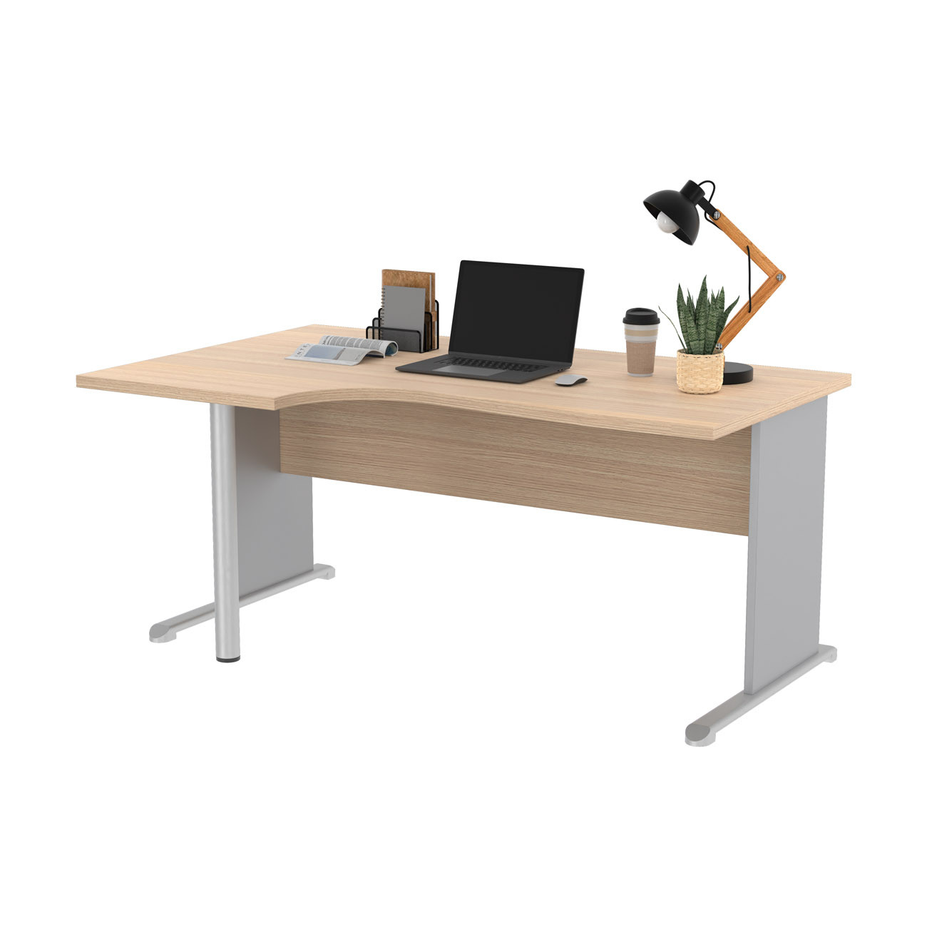 Bureau d'angle compact retour à gauche Pronto Bois - L.160 x P.100 cm - Plateau Chêne - Pieds L Aluminium