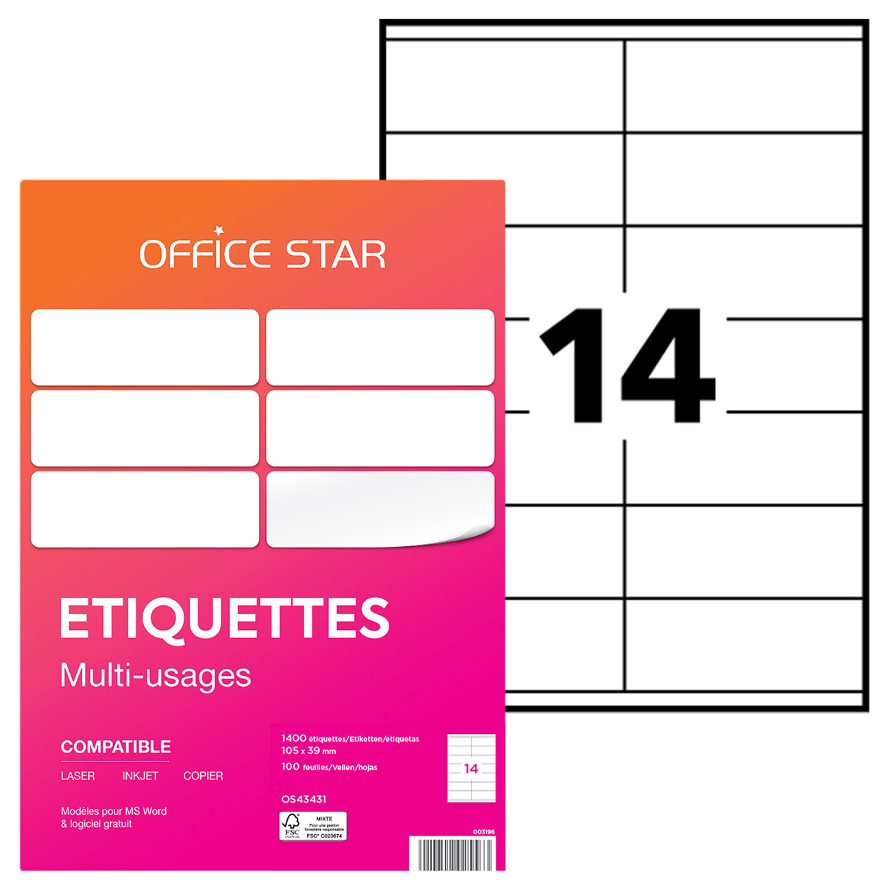OFFICE STAR OS43431 Etiquettes multi-usages blanches 105 x 39 mm - Boîte de 1400