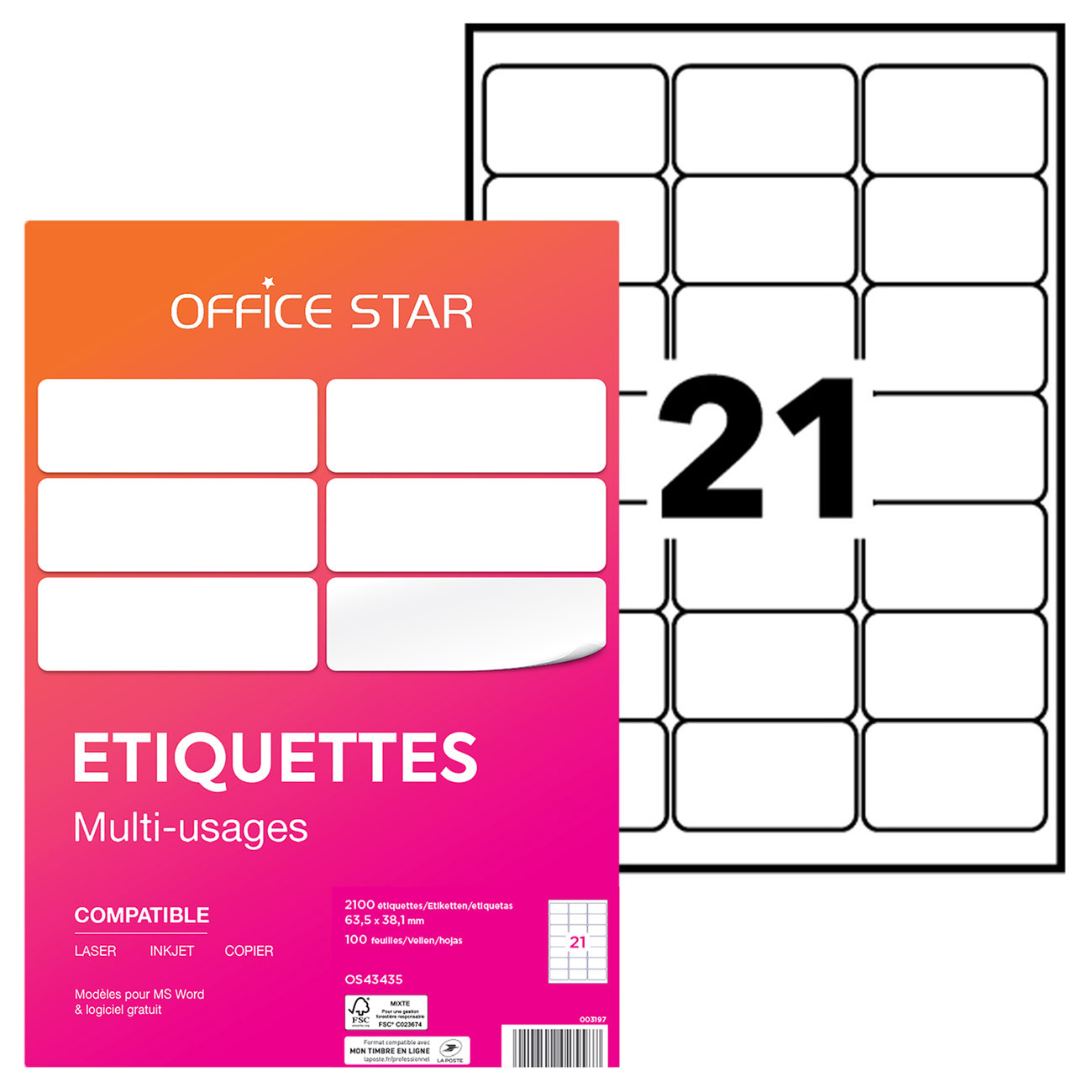 OFFICE STAR OS43435 Etiquettes multi-usages blanches 63,5 x 38,1 mm - Boîte de 2100