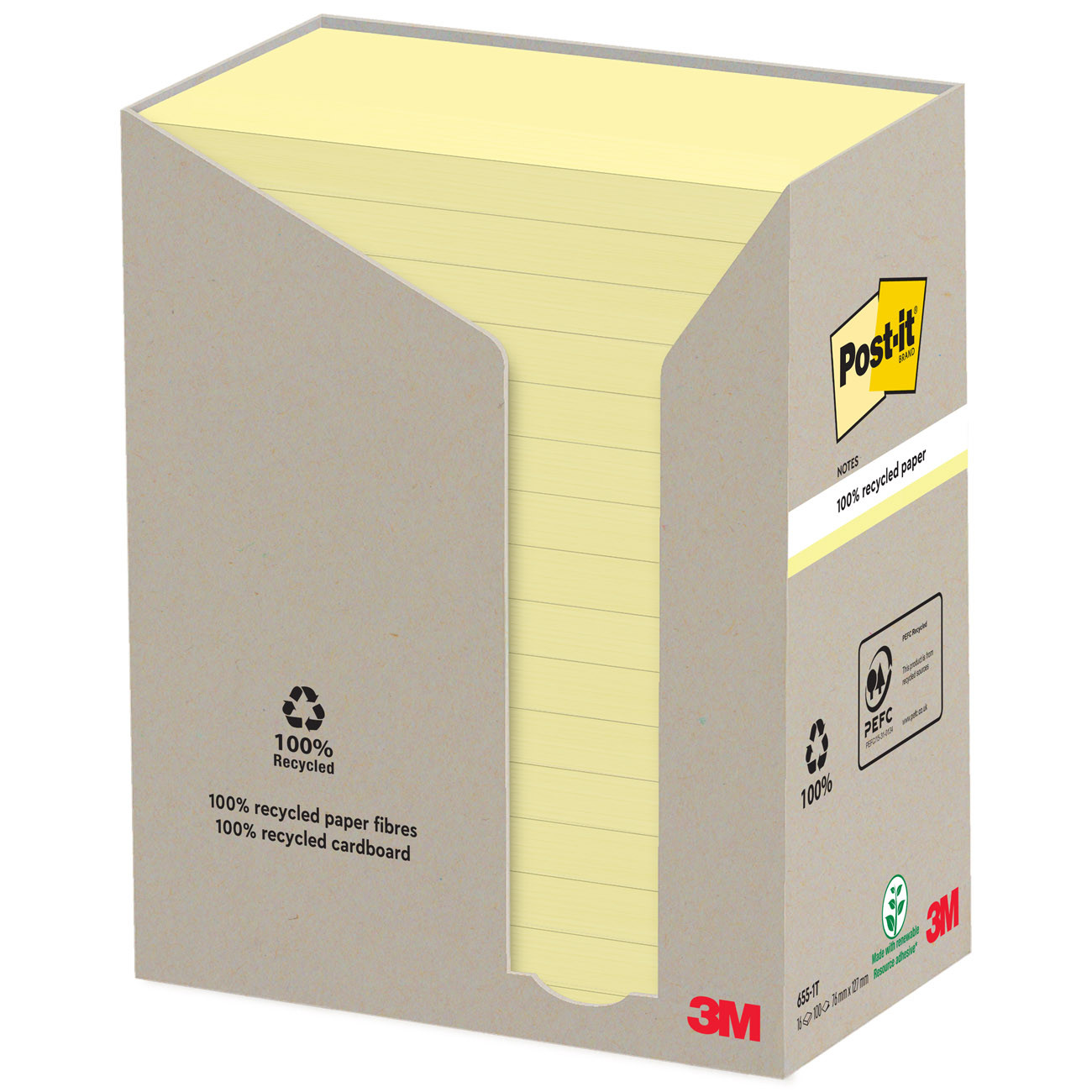 Post-it Notes repositionnables recyclées 76 x 127 mm - Jaune - Tour 16 blocs de 100 feuilles