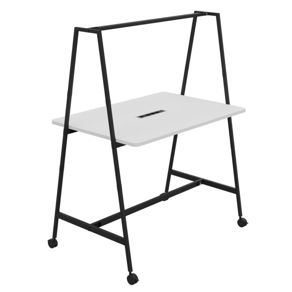 Table de coworking mobile rectangle Alto avec lectrification - H. 105 x L. 140 x P. 90 cm - Plateau Blanc - Pieds Noir