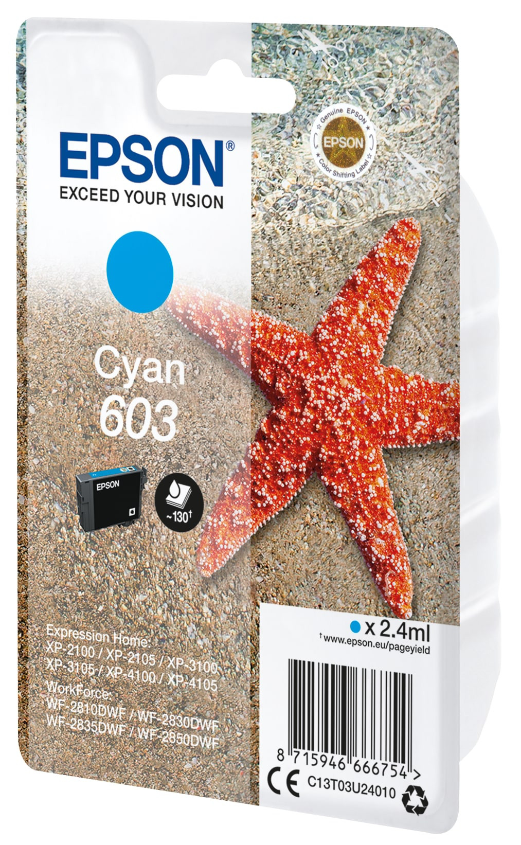 Epson 603 ''Étoile de mer'' Cartouche d'encre originale C13T03U24010 - Cyan
