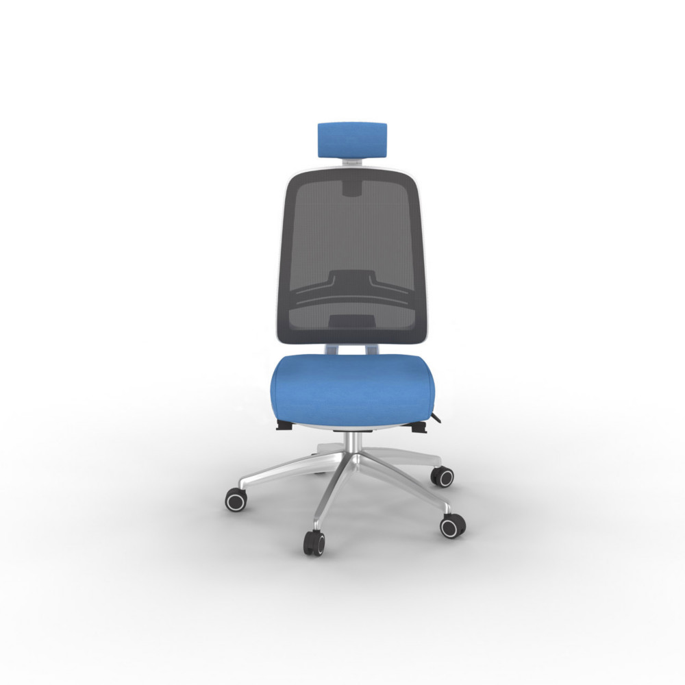 Sige de bureau Tarah avec appui-tte - Blanc pitement alu - maille filet / tissu Bleu