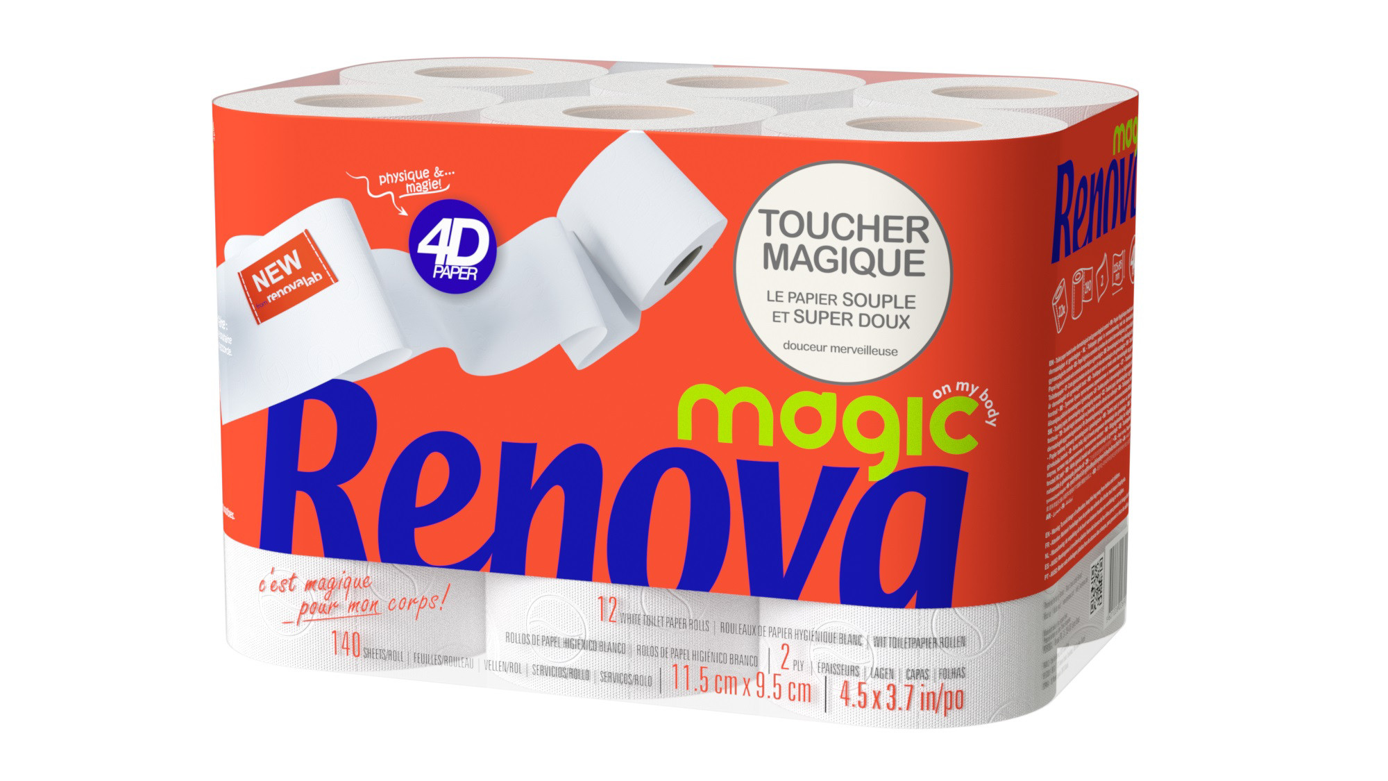 Renova Papier toilette Magic 4D Standard double épaisseur - Rouleau de 160 feuilles - Blanc - Lot de 12 rouleaux