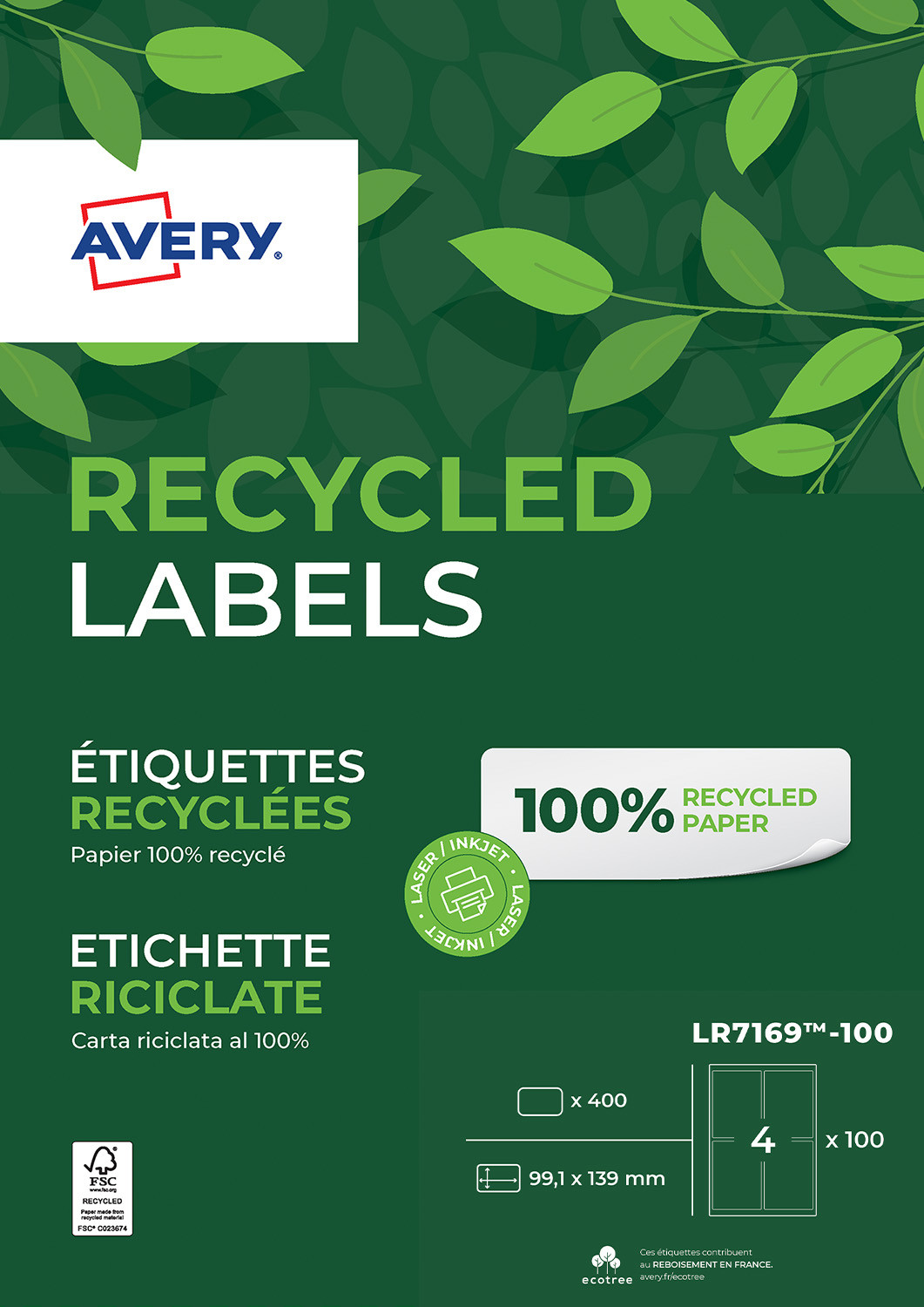 Avery LR7169 Etiquettes adresses blanches 100% recyclées 99,1 x 139 mm - Boîte de 400