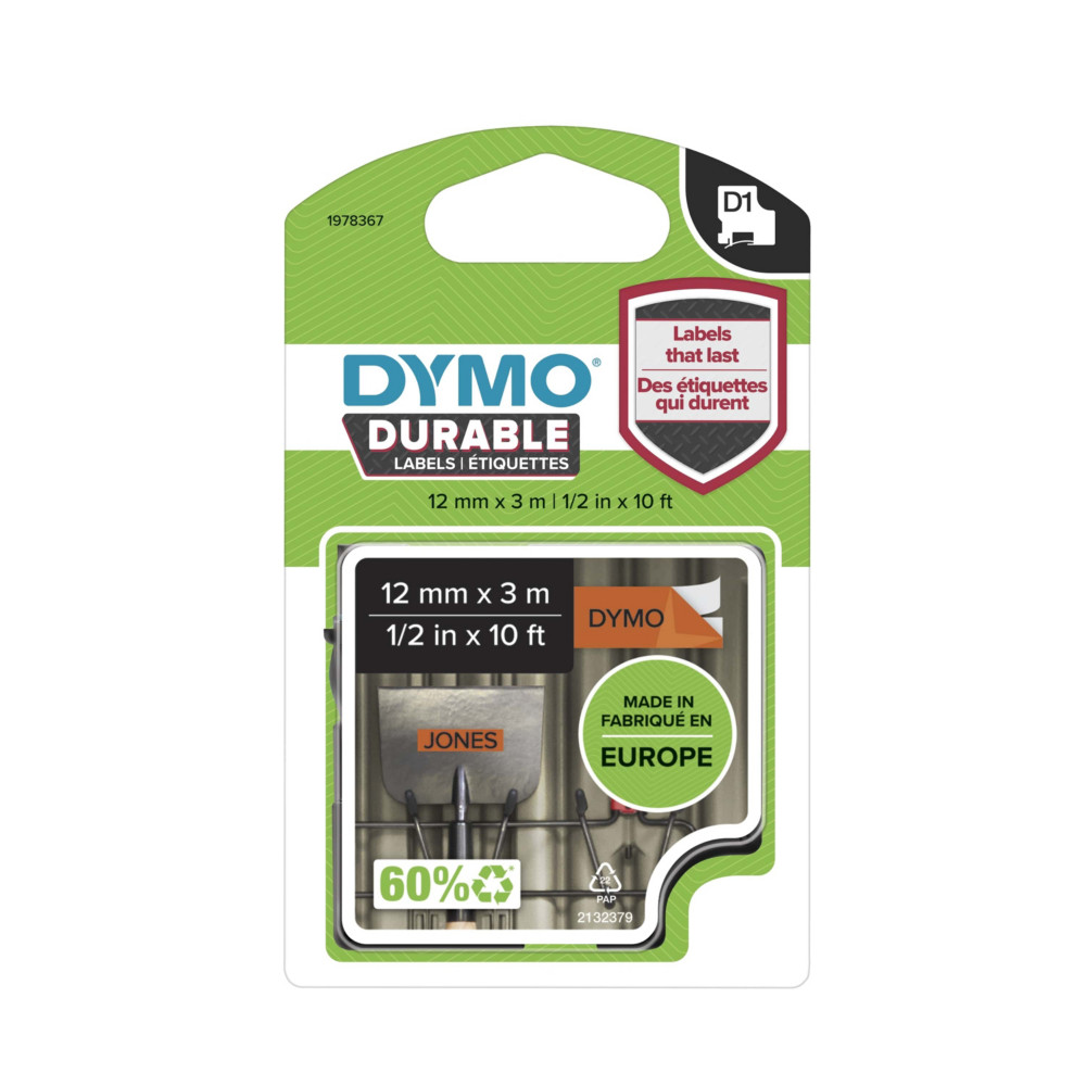 Dymo Ruban D1 durable 1978367 pour tiqueteuse - 12 mm x 3 m - Noir sur Orange