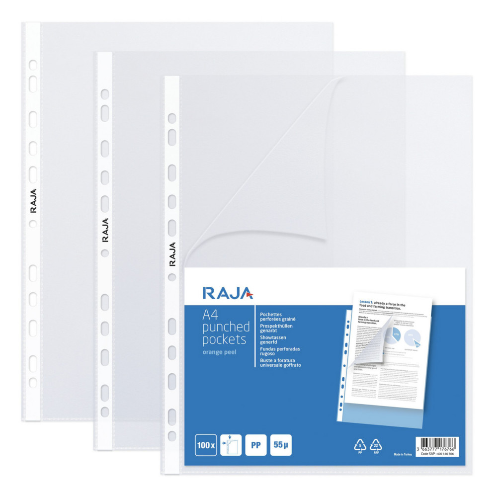 RAJA Pochettes perfores transparentes A4 polypropylne grain 5,5/100 - Bote de 100
